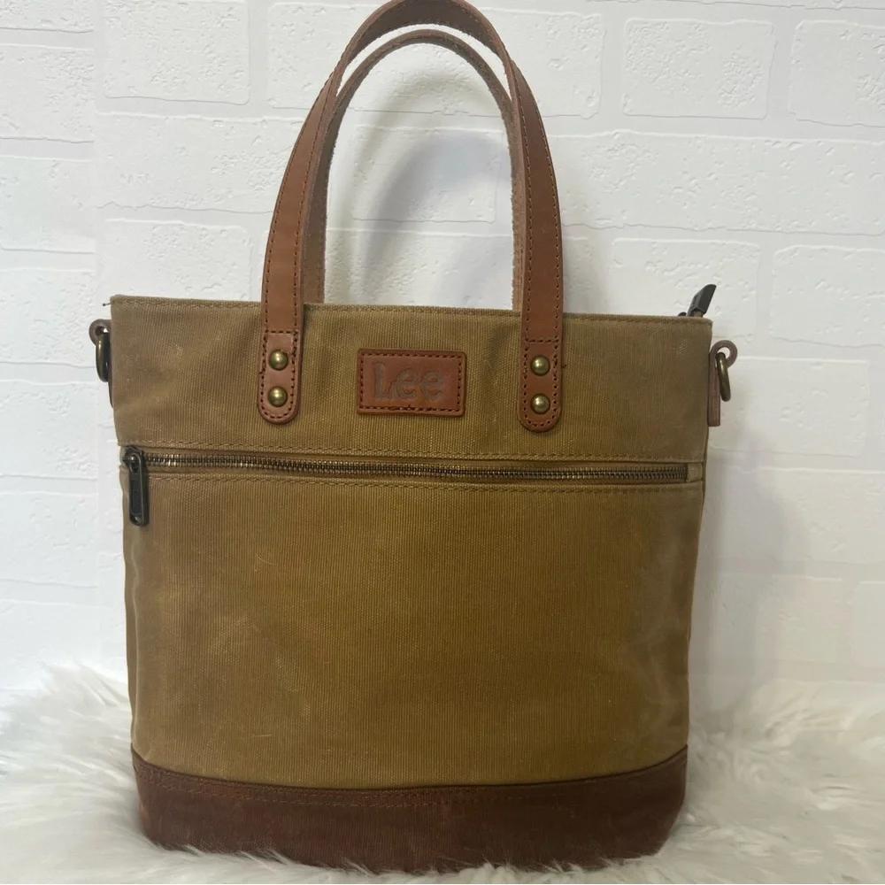 Lee Montana X Denim Waxed Canvas Tan Tote Bag Water Resistant Leather Trim